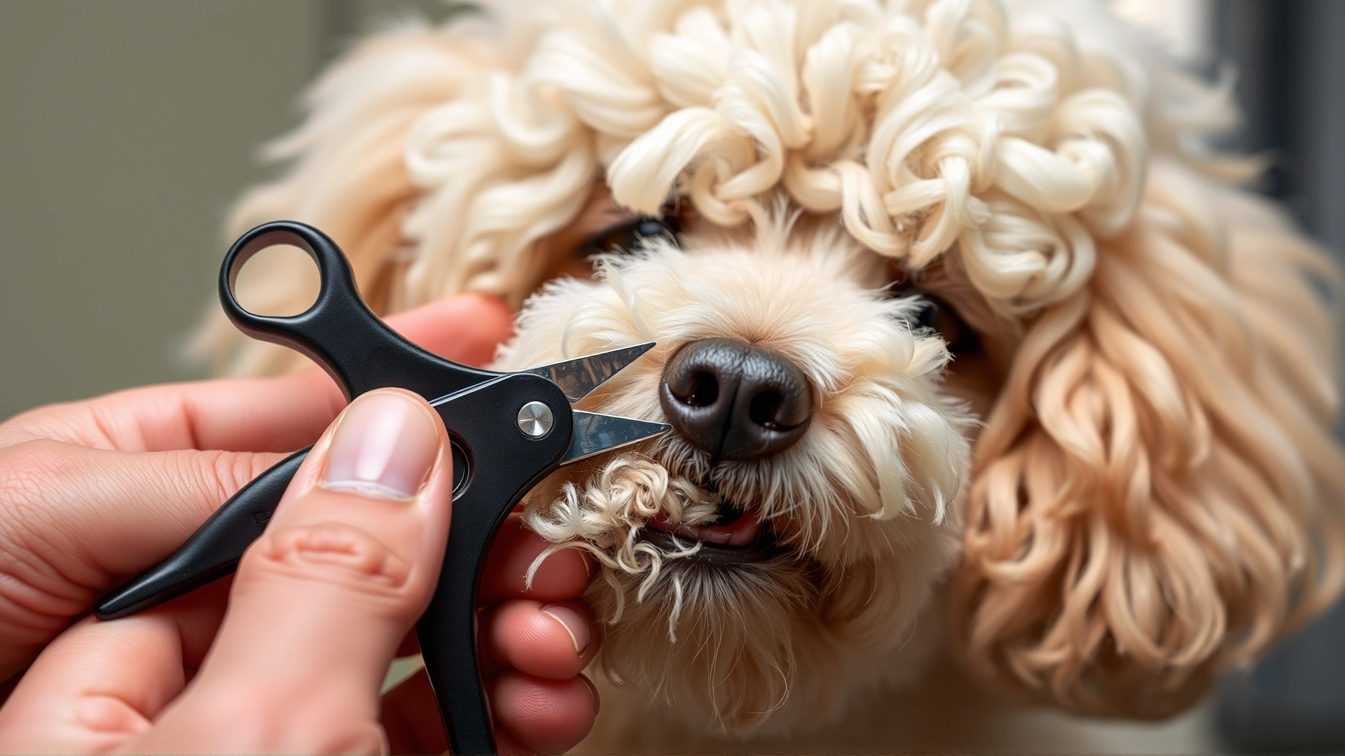 Close-up of human hands carefully trimming a poodle’s white nails with a safety guillotine clipper.