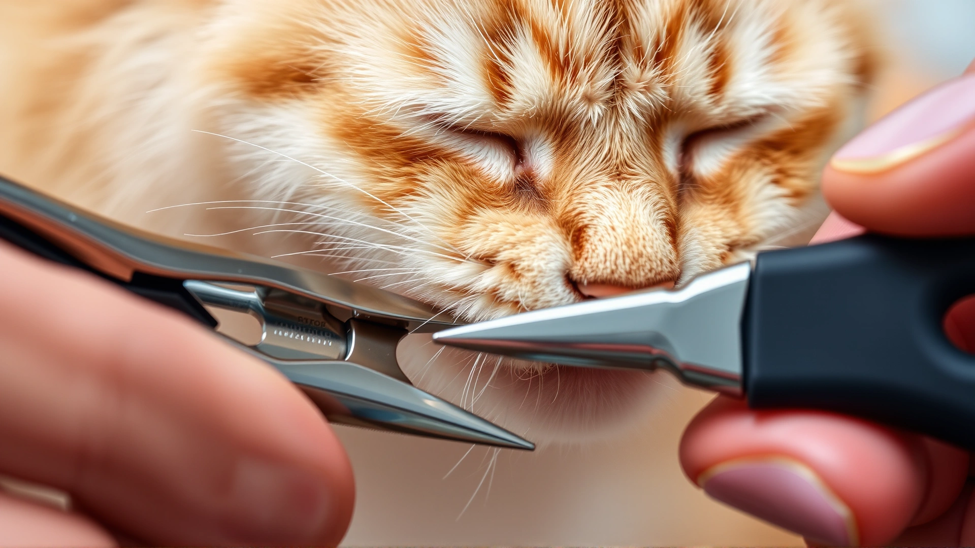 Close photo of a person gently trimming a cat’s claws with specialized clippers, focus on the paw and tool.