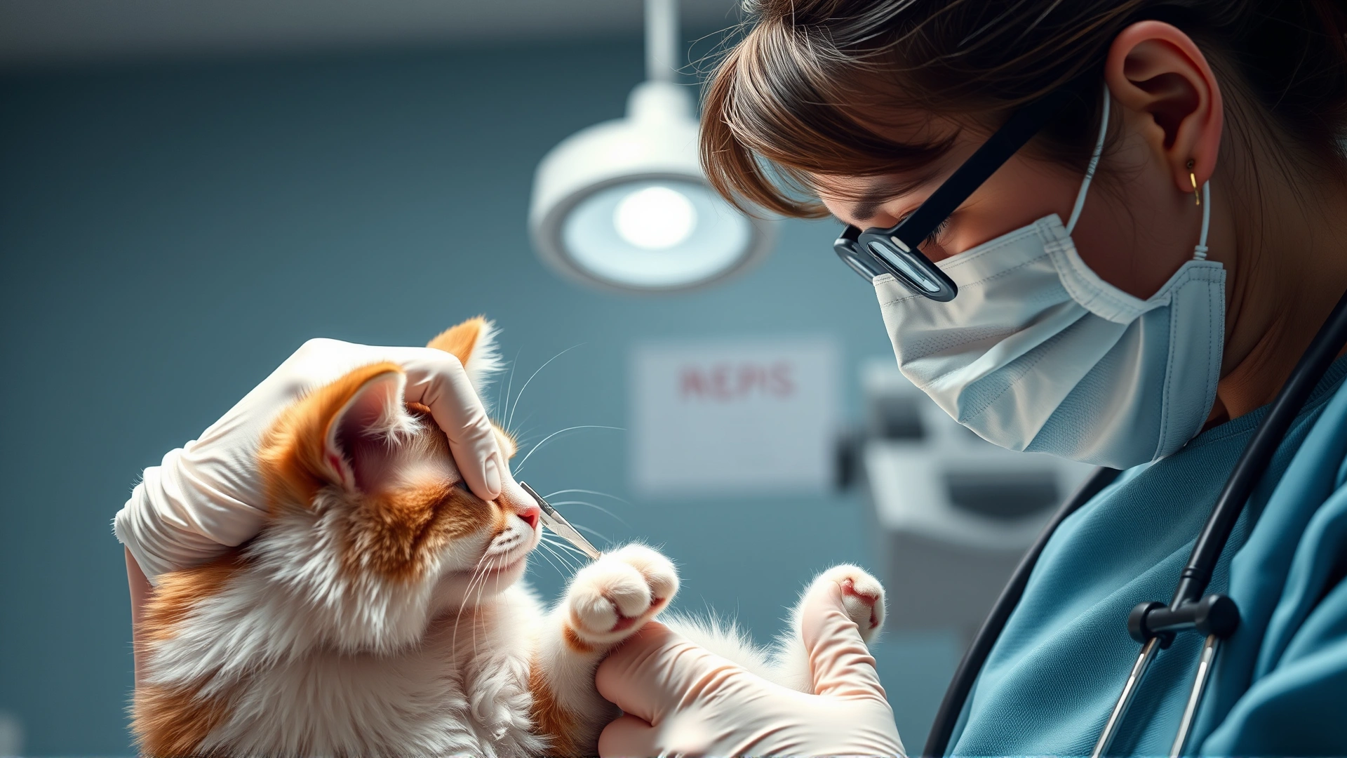 Veterinarian gently trimming a cat's claws with nail clippers in a well-lit clinic.