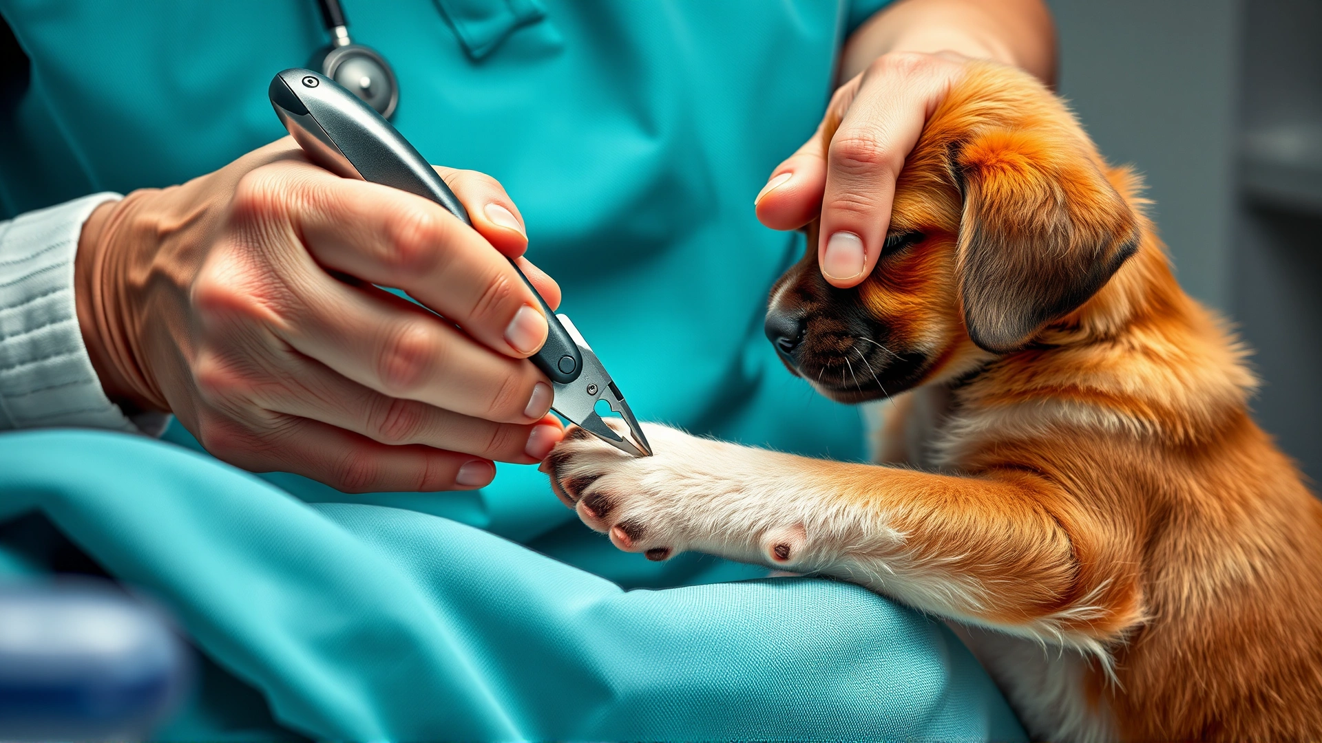 Veterinarian trimming a puppy's nails with a safety nail clipper, focus on paw, calm puppy