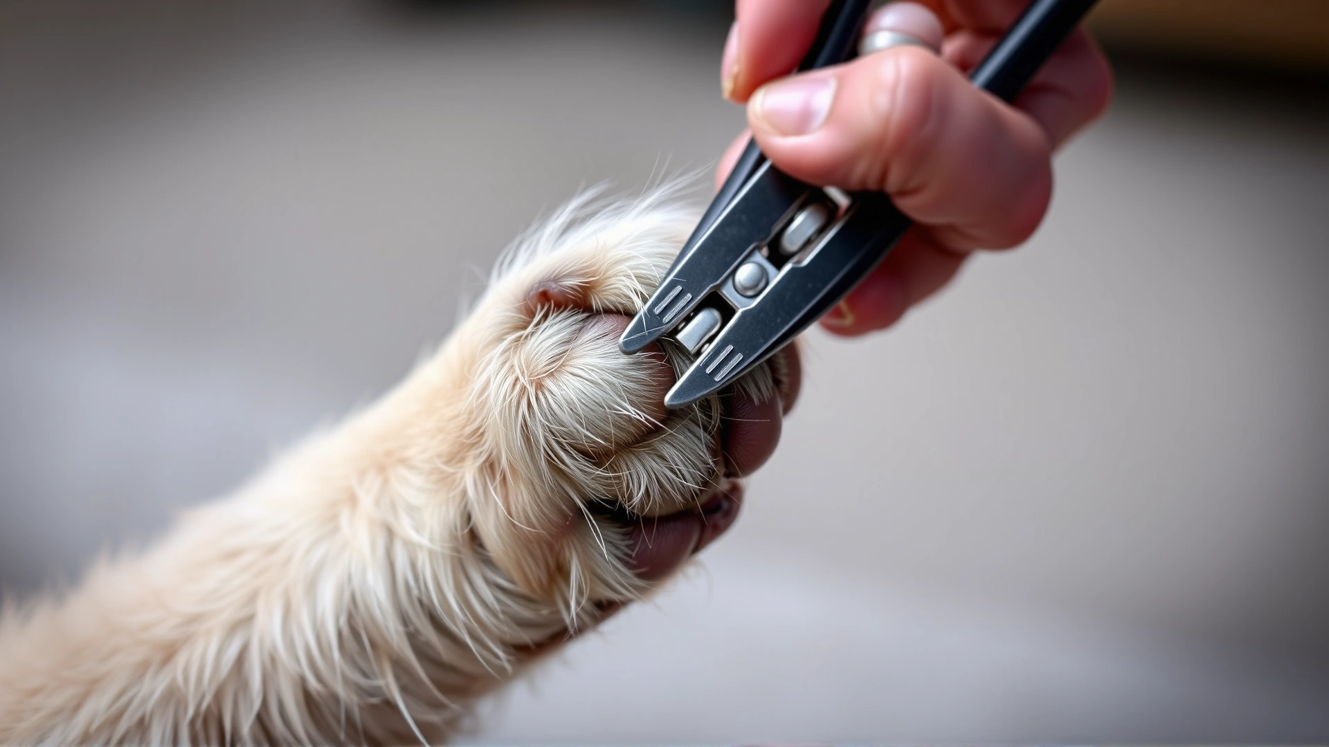 Close-up of a dog's paw being trimmed with a professional nail clipper, owner holding the paw gently.