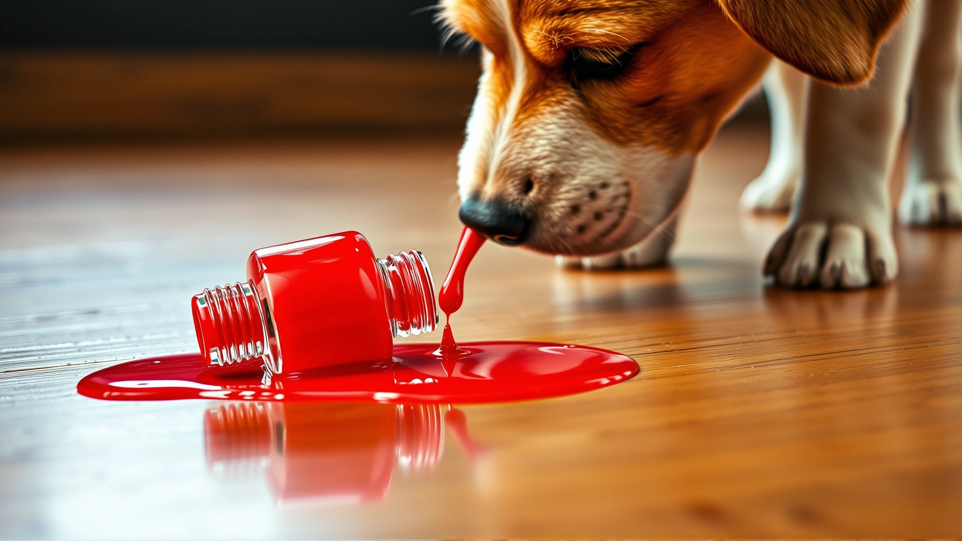 Close-up of a tipped-over bright red nail polish bottle spilling on a wooden floor while a curious puppy leans in to sniff the puddle, high detail macro shot.