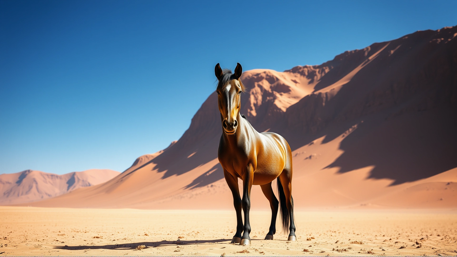 Solitary Namib Desert horse standing near towering red sand dunes under bright blue sky, demonstrating harsh habitat, no text