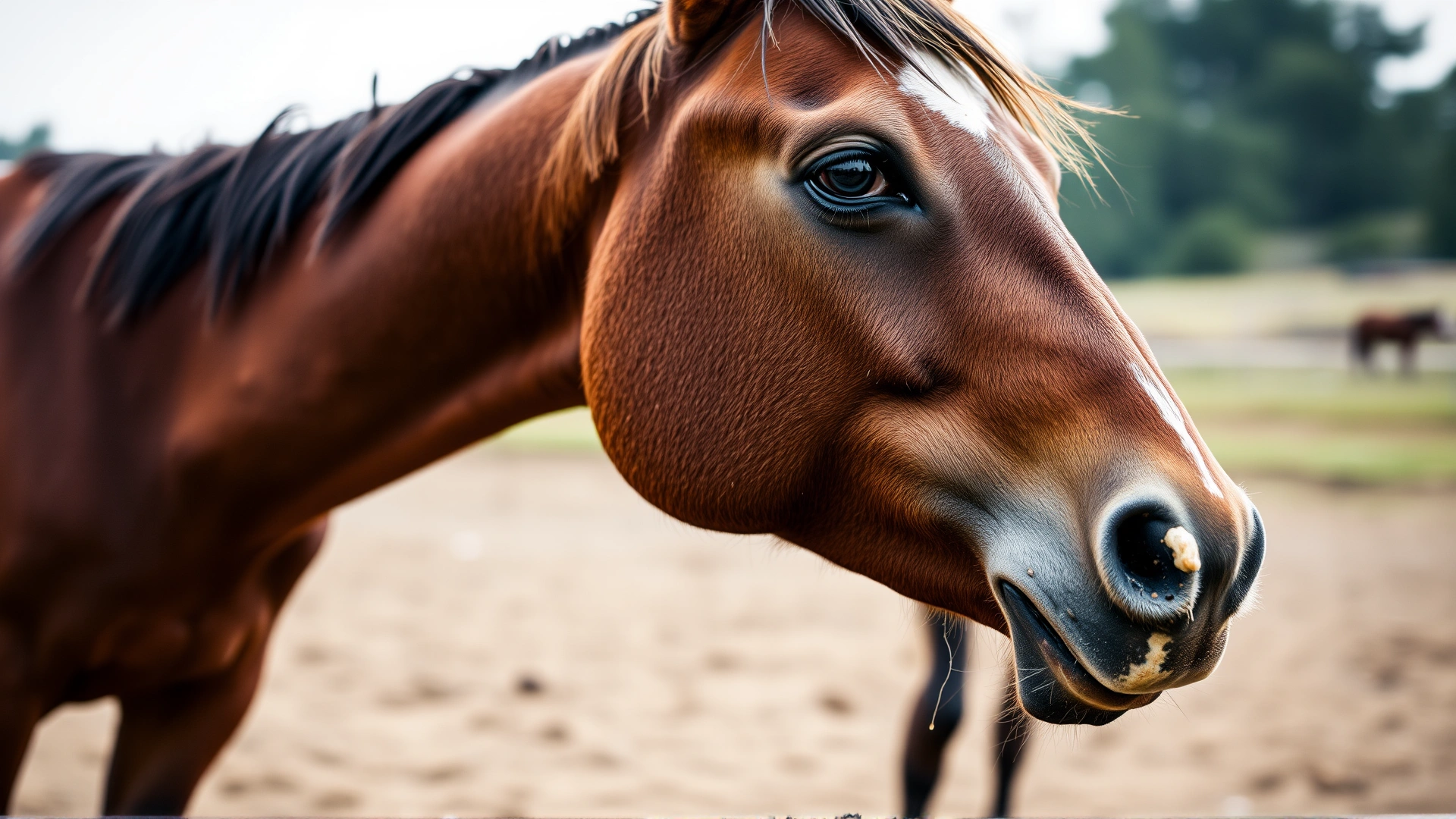 Brown horse with noticeable transparent nasal discharge dripping from nostrils, standing in an open paddock, soft blurred background, no text.