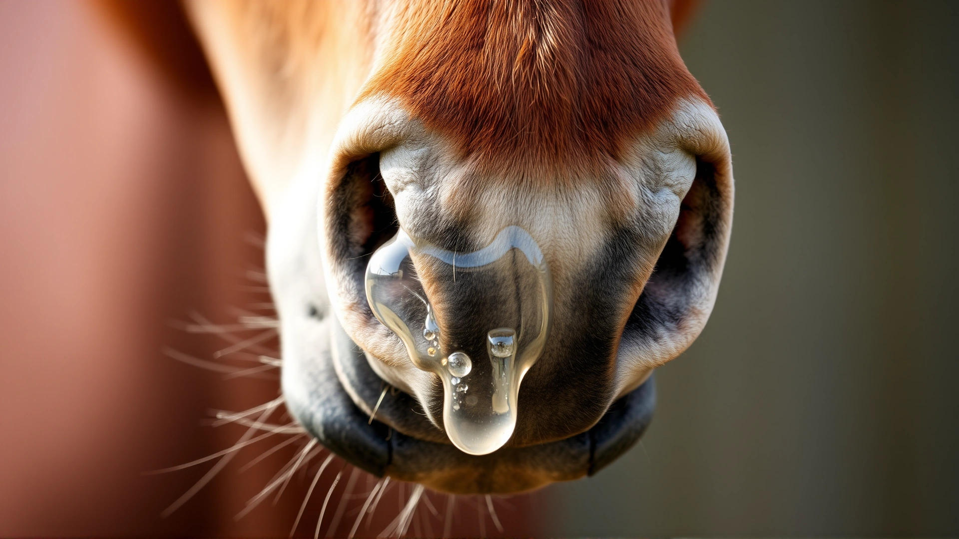 Macro shot of a horse nostril with a small amount of clear mucus, blurred background, detailed textures of skin and hair, soft natural light.