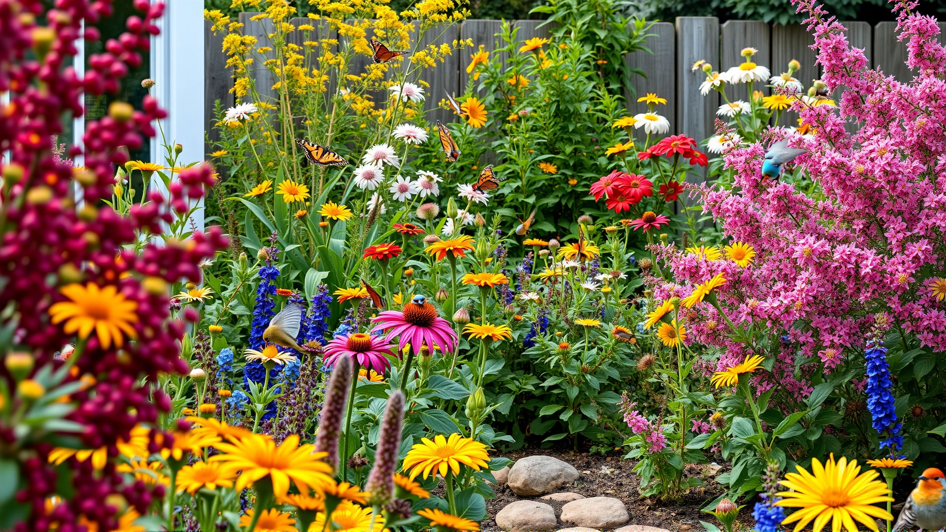 Colorful backyard garden filled with native flowering plants and berry bushes, butterflies and small birds visible.