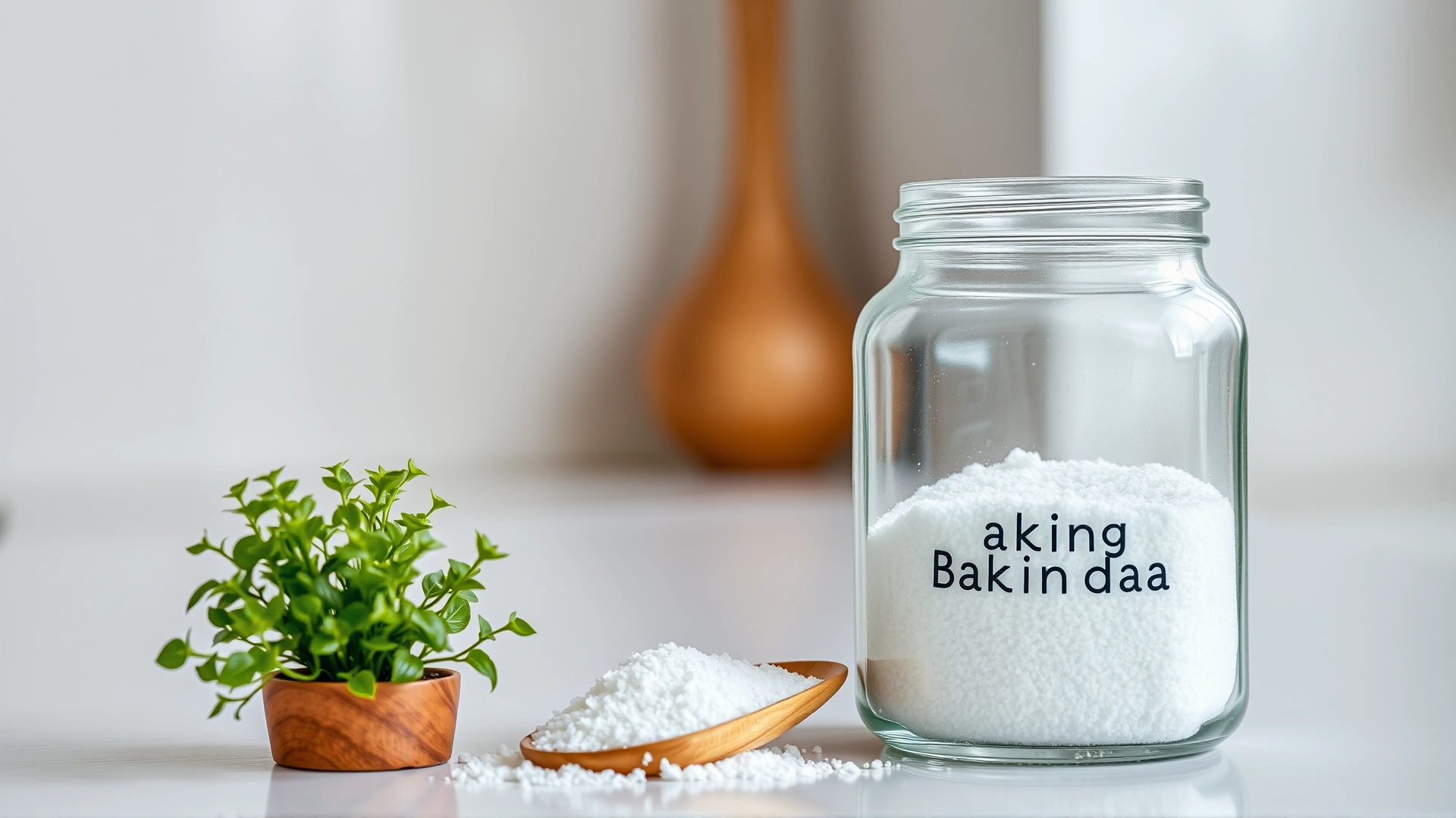 Glass jar of baking soda with a wooden spoon beside a small indoor plant on a clean countertop, symbolizing natural odor control.