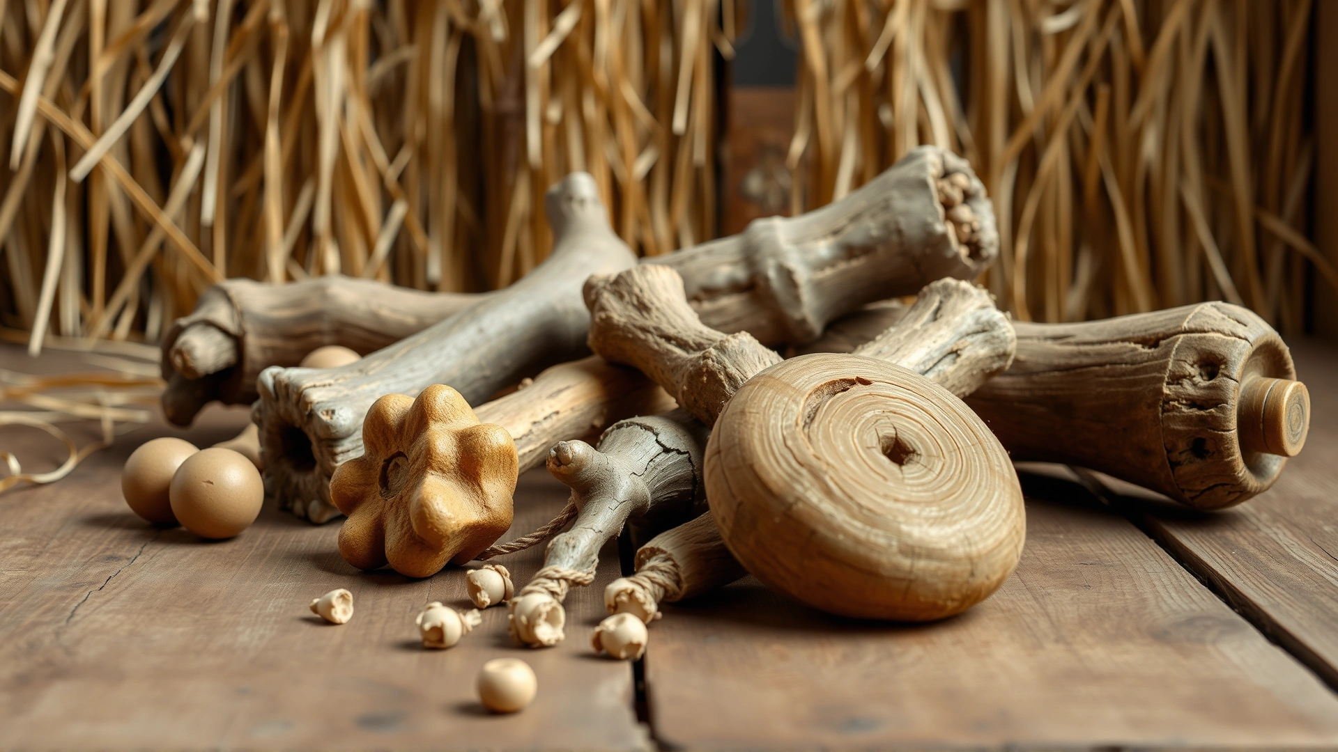Still-life of natural chew roots and wooden toys arranged on a wooden table with straw background, rustic farm aesthetic.