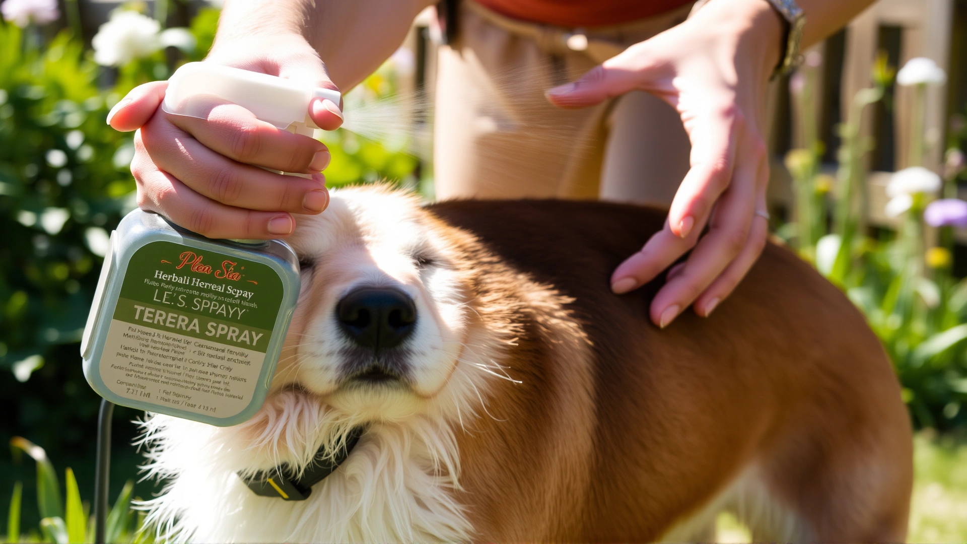 Hands of a pet owner gently applying an herbal flea spray onto the coat of a medium-sized dog in a sunny garden.