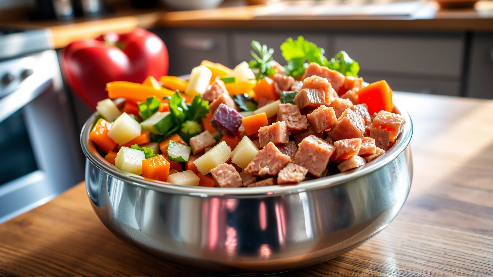 Close-up of a stainless steel pet bowl overflowing with colorful organic vegetables and diced lean meat placed on a wooden kitchen countertop with natural light coming from the side.