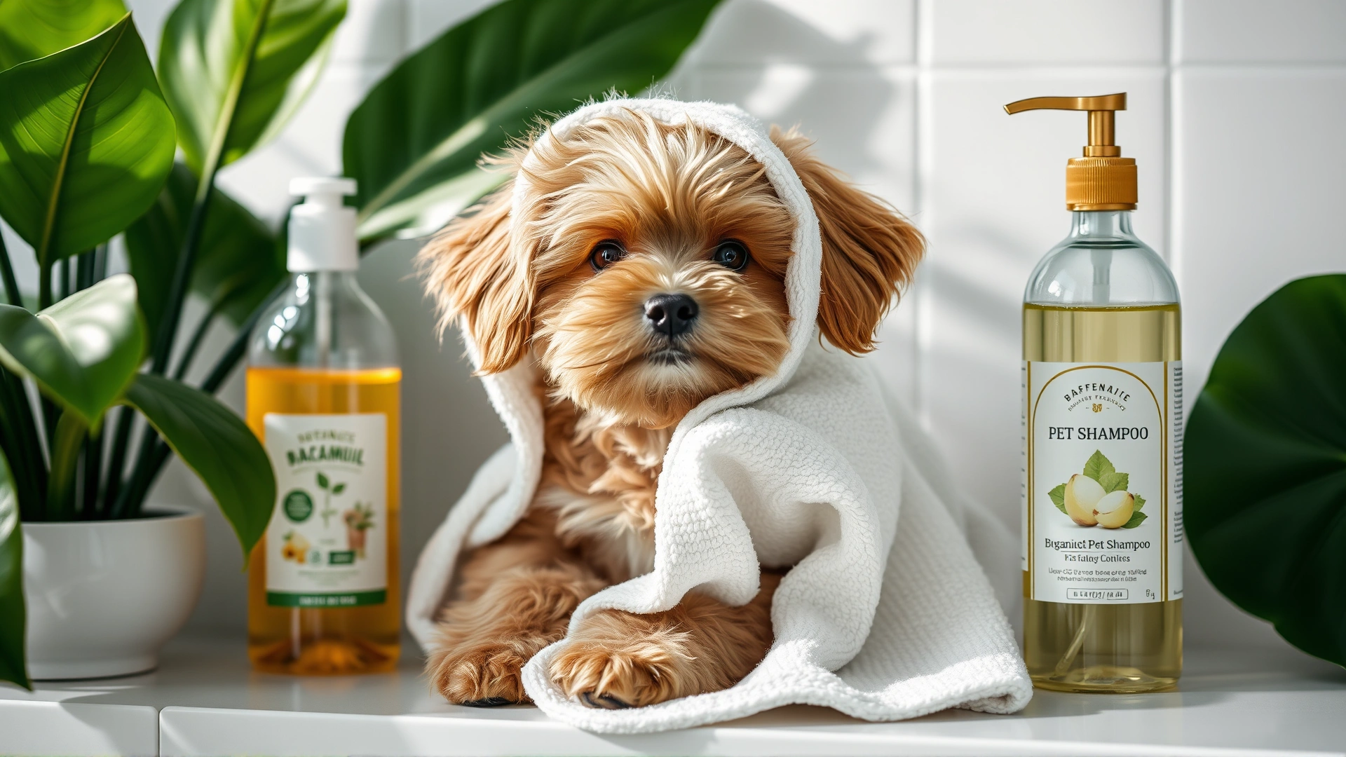 A fluffy dog wrapped in a cotton towel next to glass bottles of botanical pet shampoo on a bright bathroom shelf, with green leaves in the background.