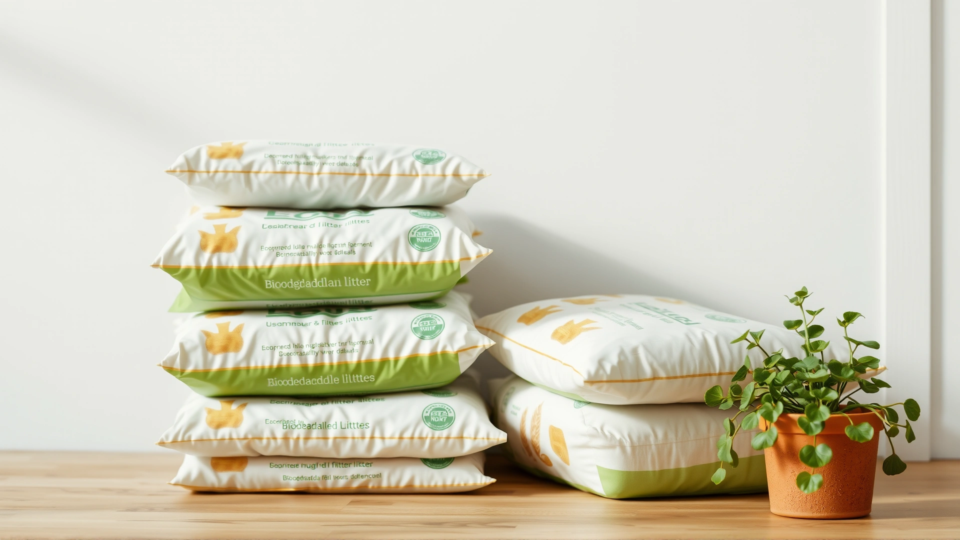Eco-friendly vibe shot: biodegradable cat litter bags made of corn, wheat, and wood fibers stacked beside a small potted plant.