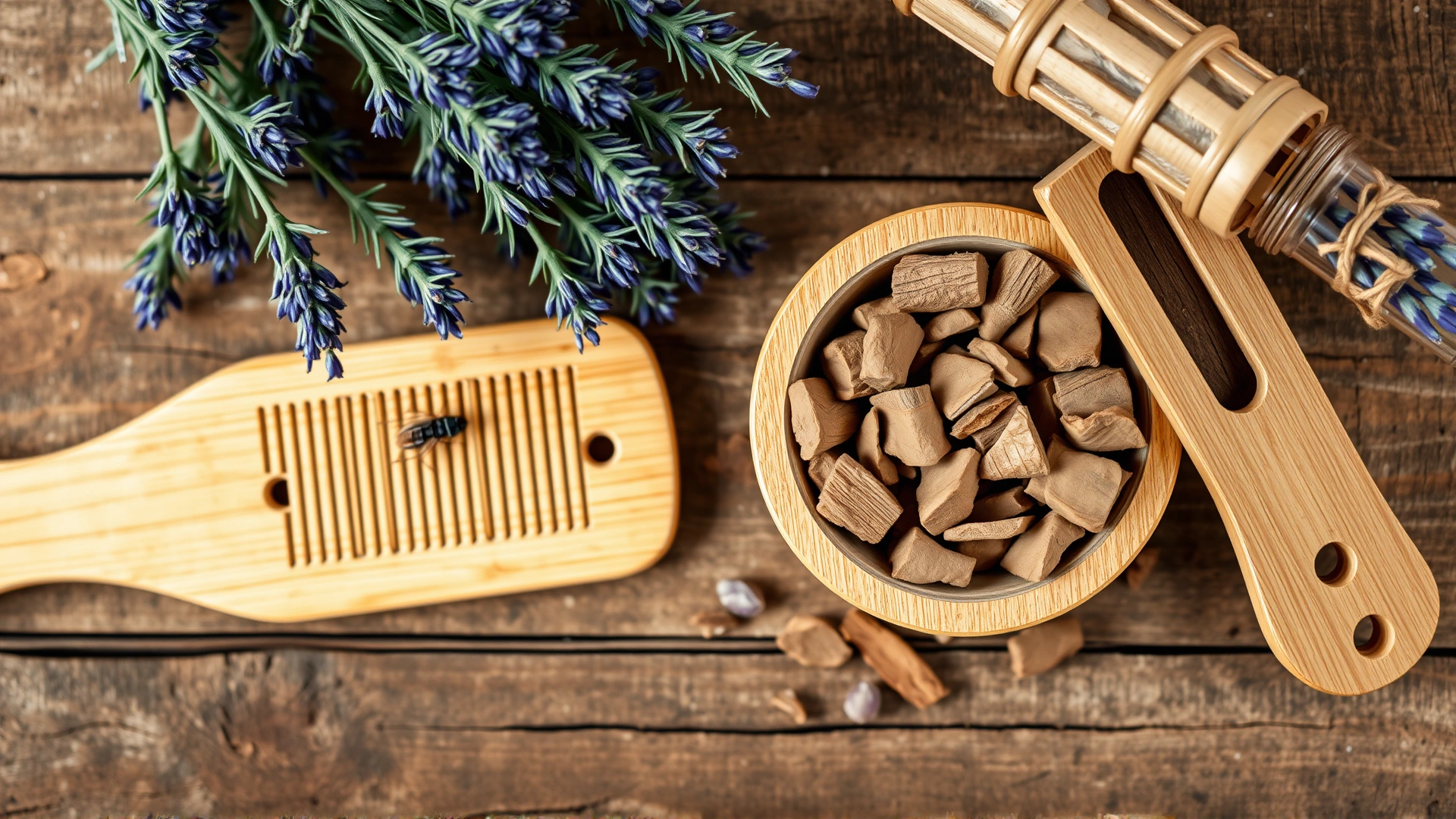 Artistic overhead shot of natural items used for flea control such as lavender sprigs, cedar chips, and a wooden flea comb, displayed on a rustic wooden surface