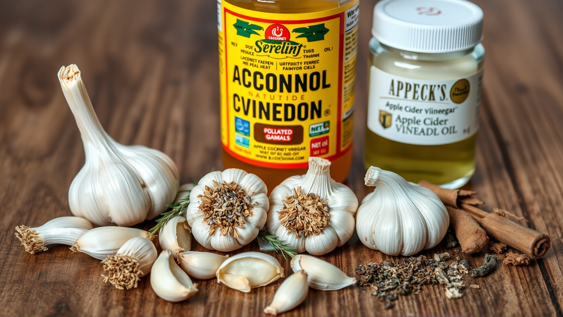 Flat lay of garlic cloves, coconut oil jar, apple cider vinegar bottle, and assorted herbs on a wooden table, representing popular natural remedies for dogs.