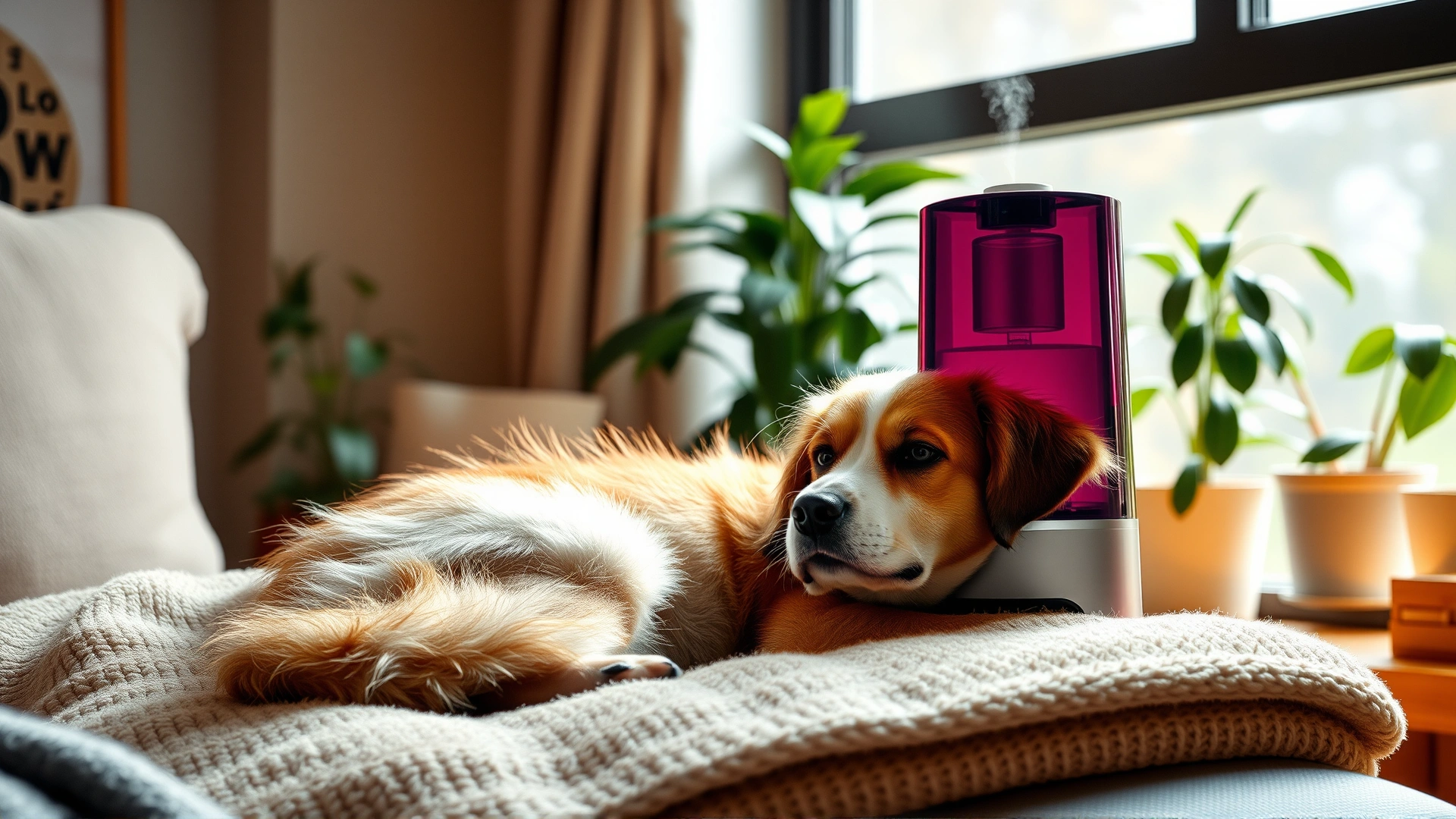 Cozy home scene with a dog resting near a humidifier releasing mist, plants in background, warm lighting