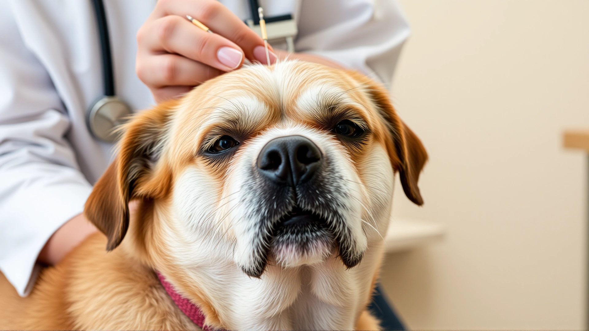 Calm senior dog receiving gentle acupuncture needles along the spine at a holistic veterinary clinic, warm neutral tones