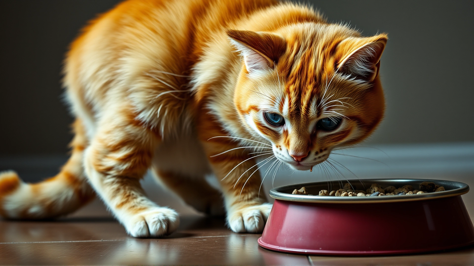 Orange tabby cat crouching near a food bowl looking nauseous, drool present, muted background