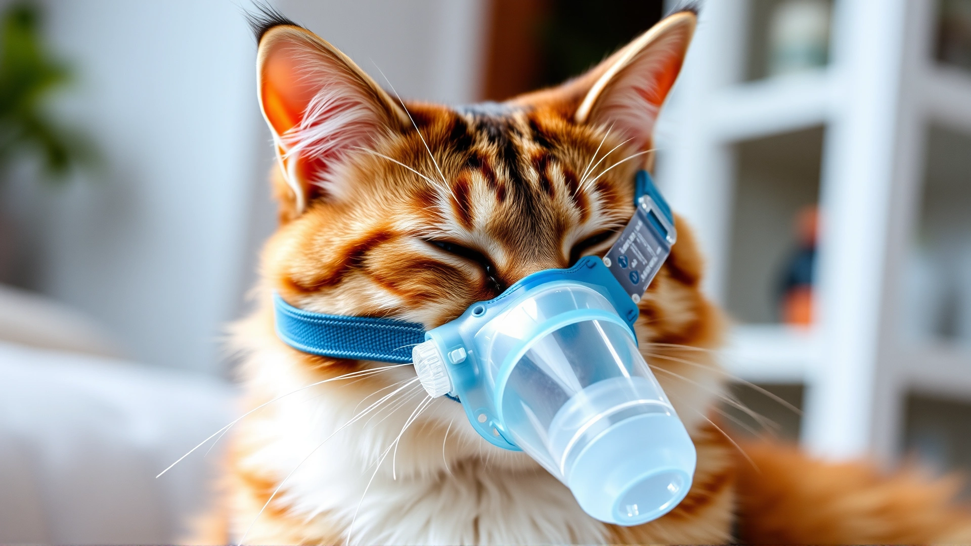Domestic cat calmly breathing through a small animal nebulizer mask at home, soft natural lighting, cozy setting, high resolution