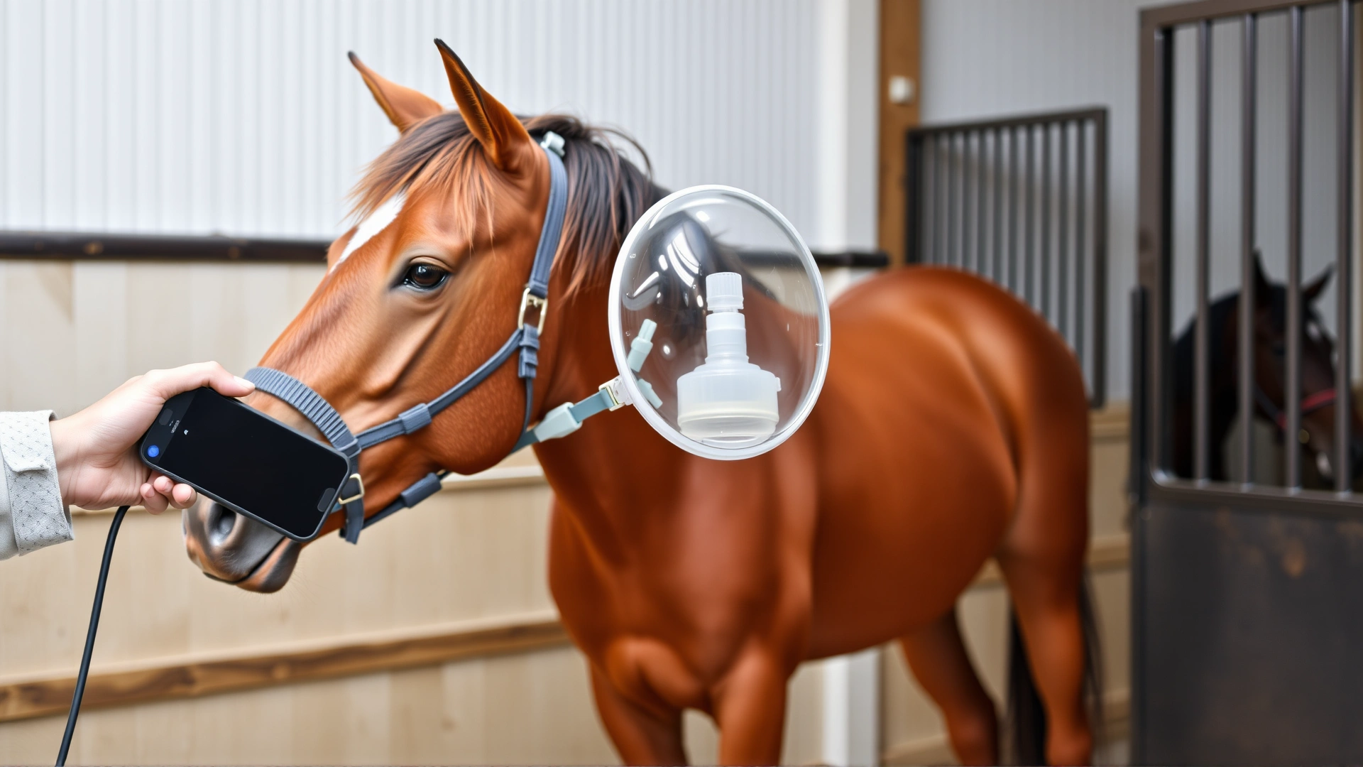 Chestnut horse wearing a translucent nebulizer mask attached to a handheld device while standing relaxed in its stall.