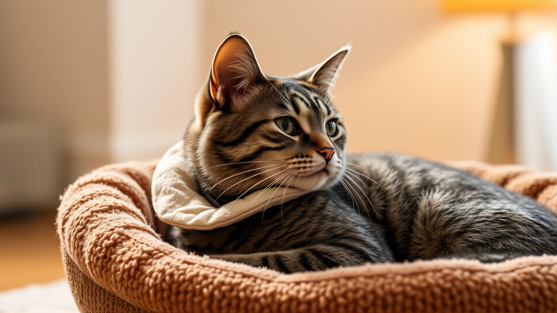 Domestic short-haired cat wearing a soft cervical collar resting in a cozy pet bed, warm indoor lighting