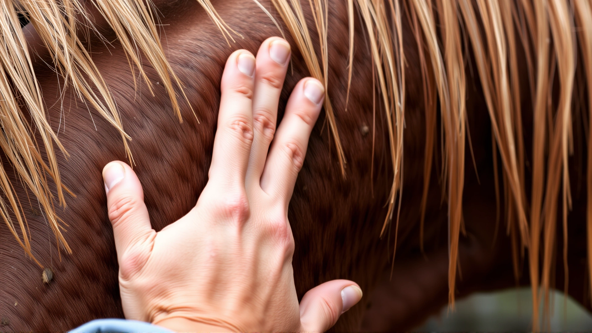 Close-up image of a person’s hand palpating the crest of a horse’s neck to assess fat deposits, with clear detail of horse hair and human hand.