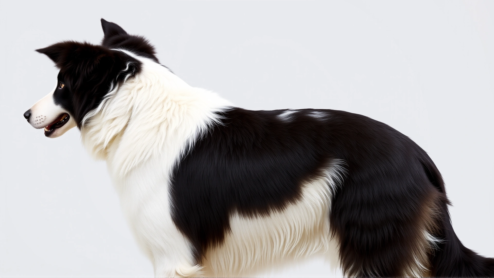 Side view of a senior Border Collie following a treat toward its shoulder while standing, showing the neck 