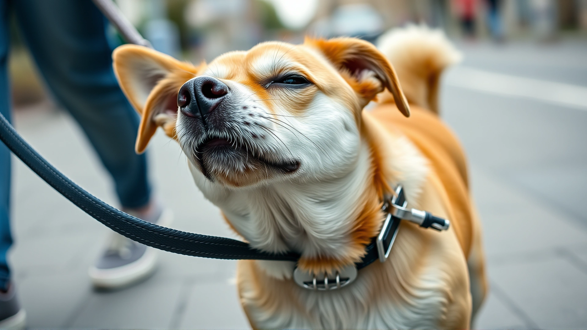 Small dog coughing and pulling against a leash attached to its collar during a walk, street background