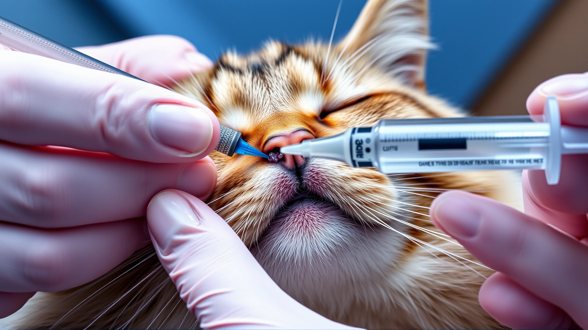 Fine needle aspiration procedure on a cat's skin mass, vet hands holding syringe, close-up