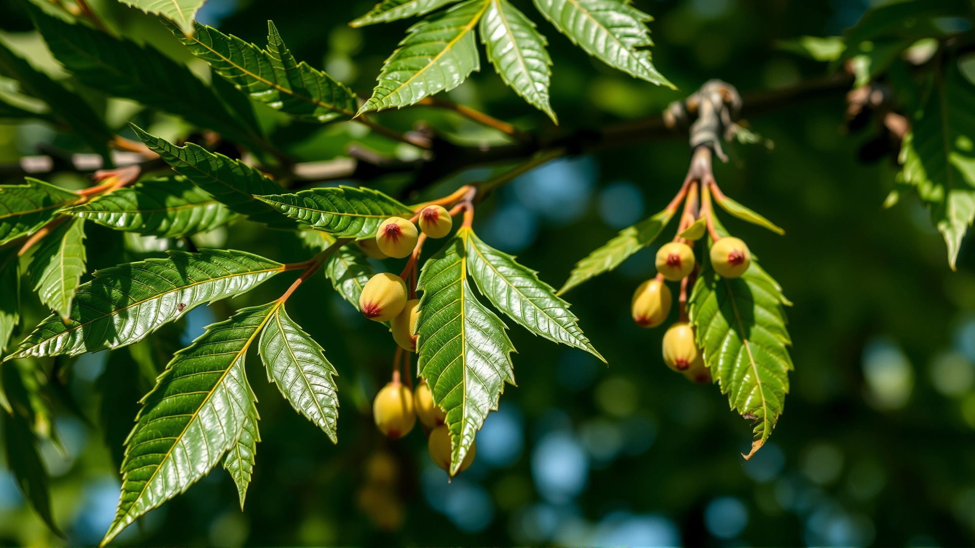 Close-up photo of fresh neem tree leaves and seeds on a branch, bright daylight, shallow depth of field.