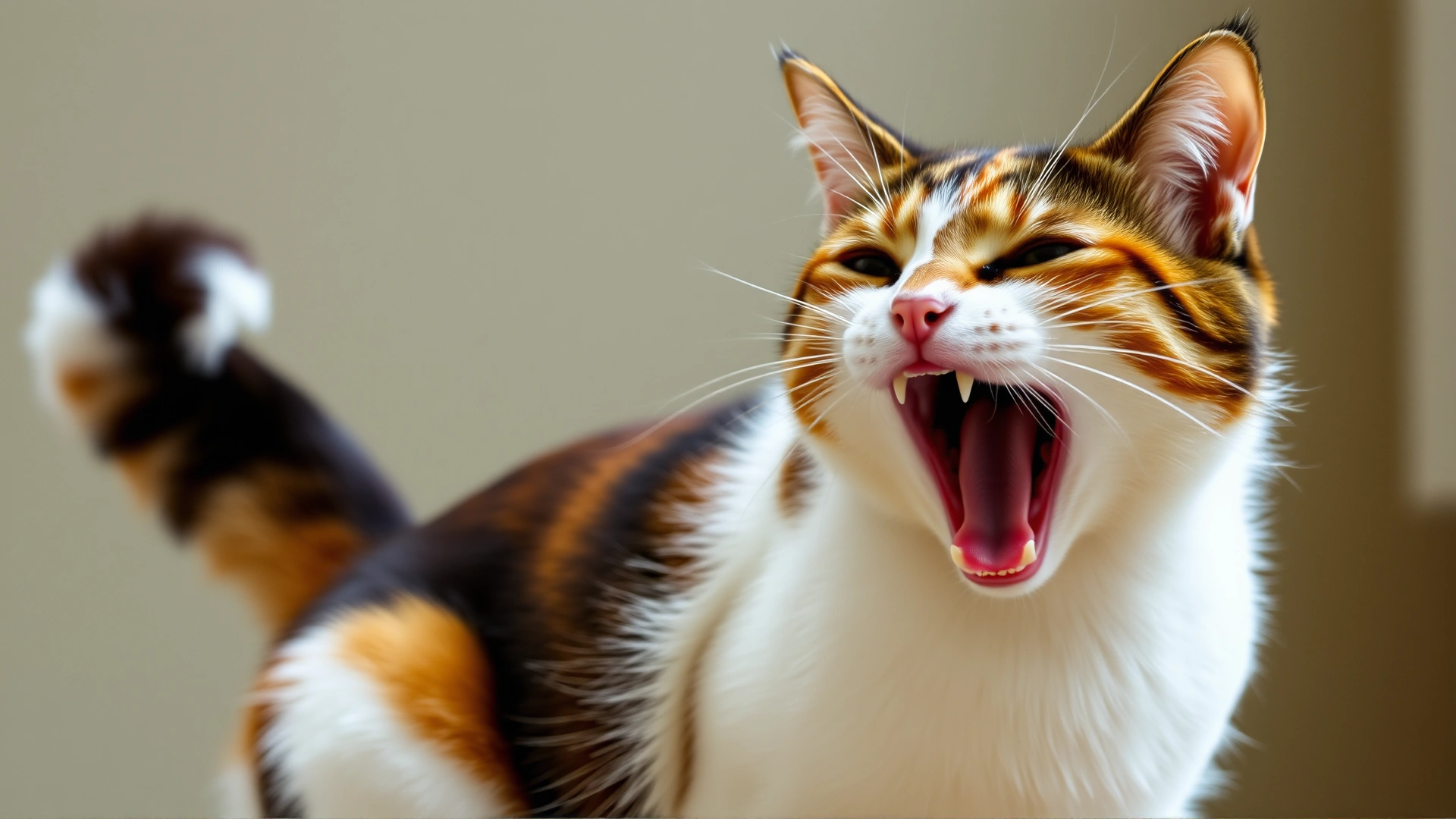 Calico cat hissing with flattened ears and puffed tail, showing negative body language