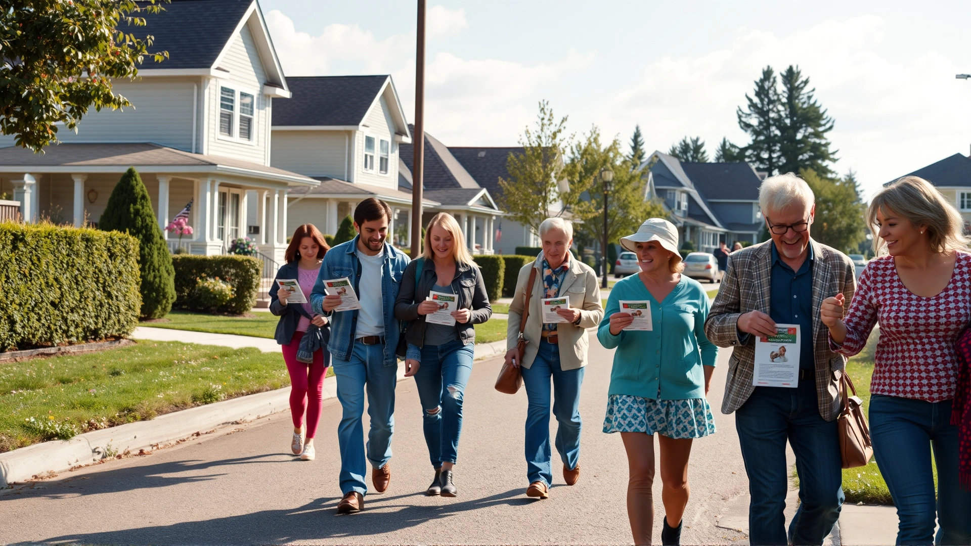 Group of neighbors walking along a suburban street handing out lost-dog flyers, friendly atmosphere.