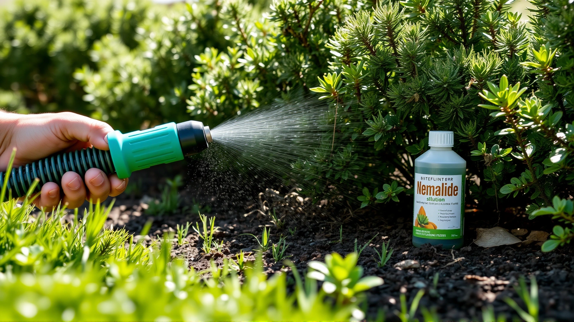 Hand spraying a garden hose-end sprayer on shaded soil near shrubs, labeled nematode solution bottle nearby—highlights biological treatment.