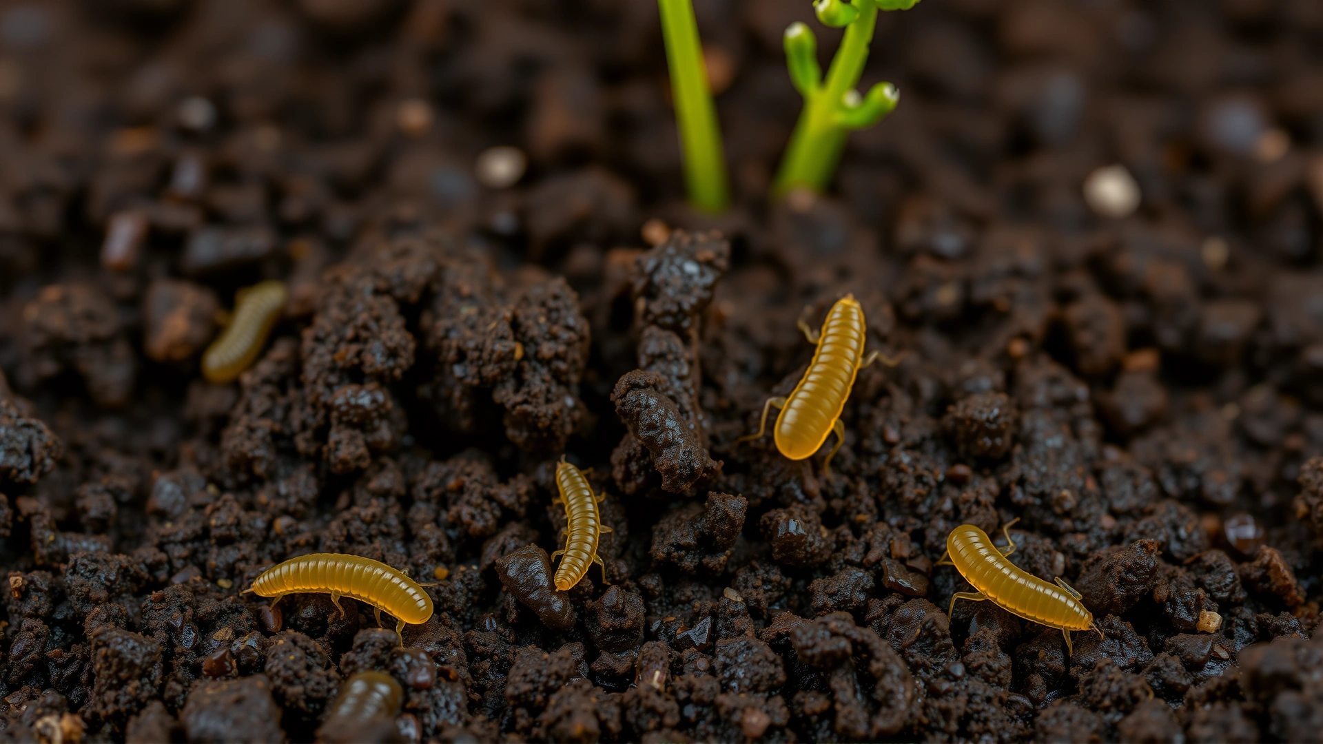 Illustrative macro view of moist garden soil with tiny beneficial nematodes highlighted around insect larvae shapes.