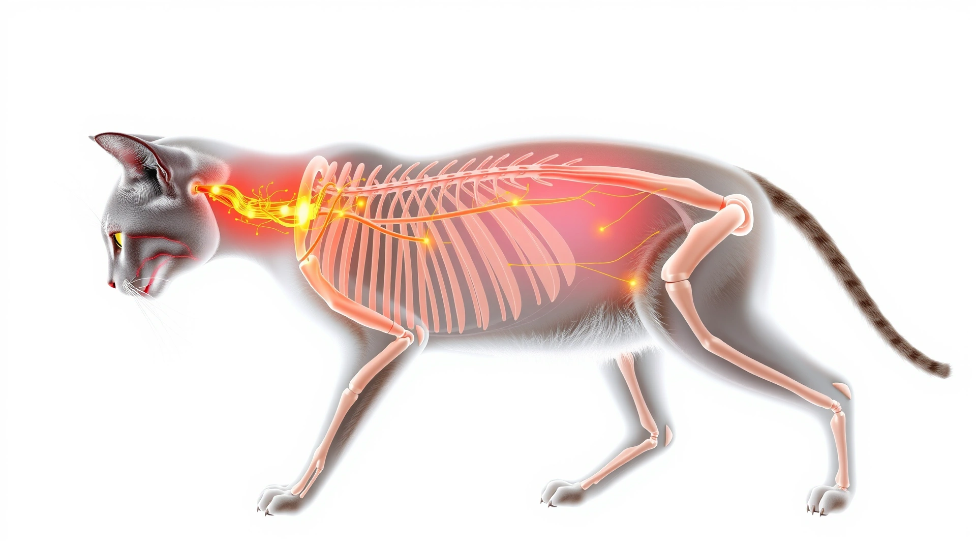 Anatomical illustration showing a semi-transparent side view of a cat with highlighted brachial plexus nerves in bright colors, clean white background, no text