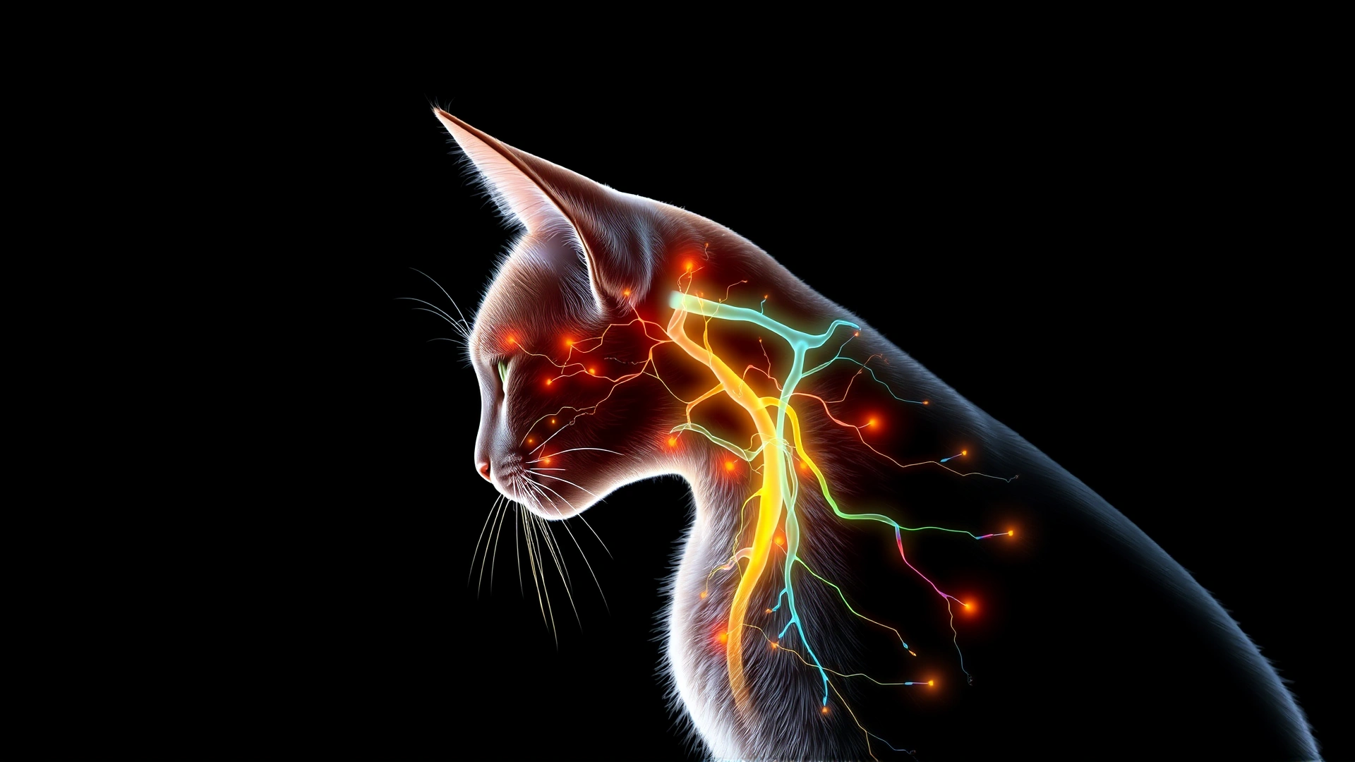 Illustrated graphic of a cat in profile view with highlighted nervous system pathways in bright colors on a dark background.
