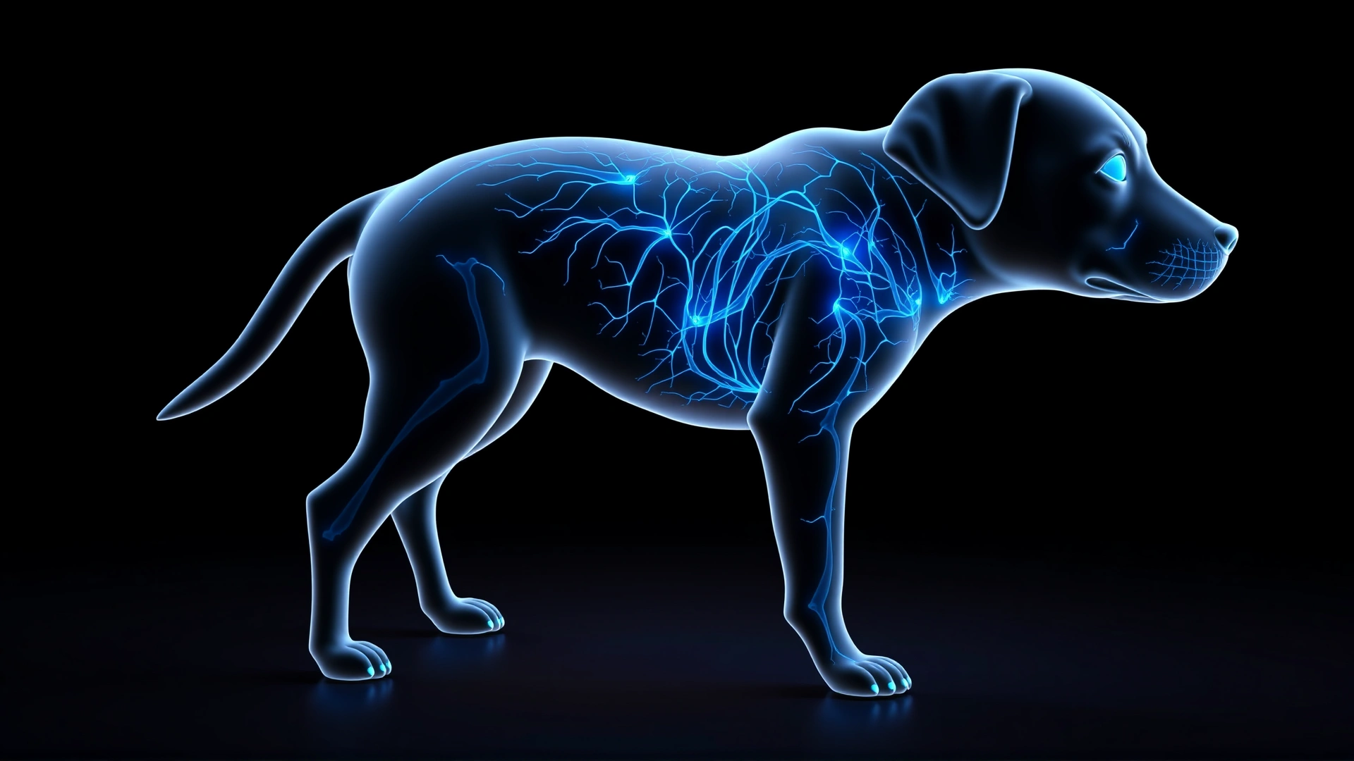3D artistic render of a puppy silhouette with its nervous system highlighted in glowing blue, symbolizing neurological function, dark background