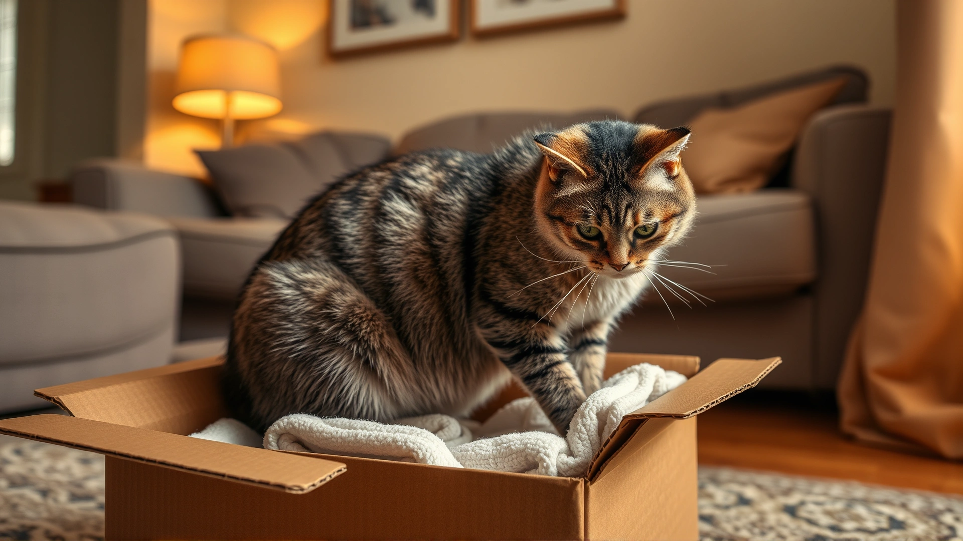 A pregnant cat inspecting a cardboard box lined with soft towels placed in a quiet corner of a living room, warm ambient light, high resolution photograph
