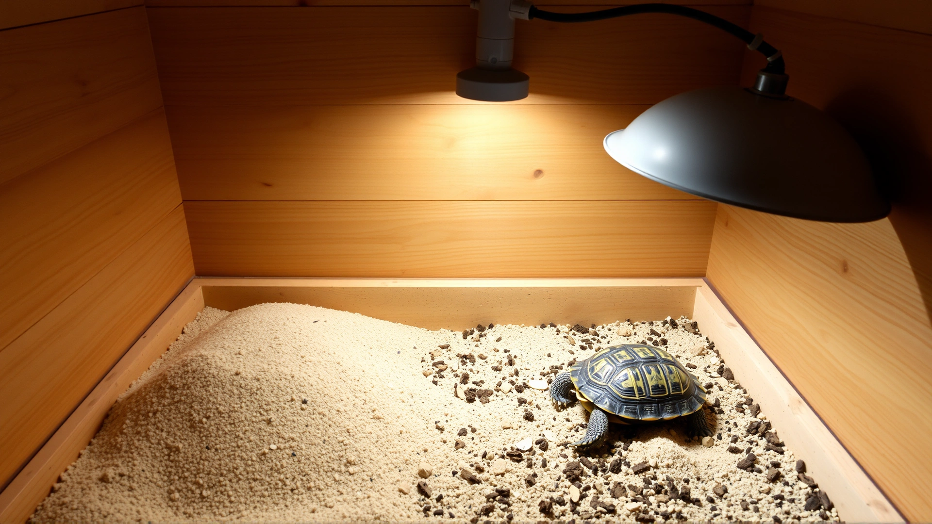 Indoor nesting box setup for a pet turtle with soil and sand mixture, heat lamp visible, clean and organized, high-resolution, no text