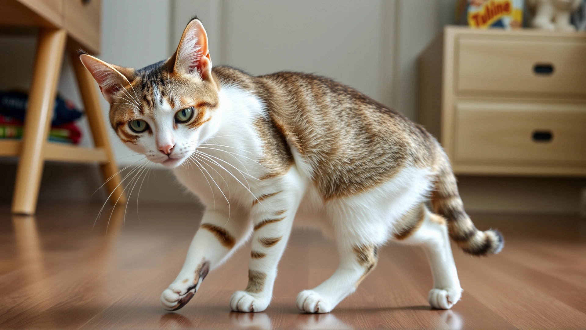 Domestic cat displaying slight head tilt and unsteady gait indoors, illustrating neurological symptoms.