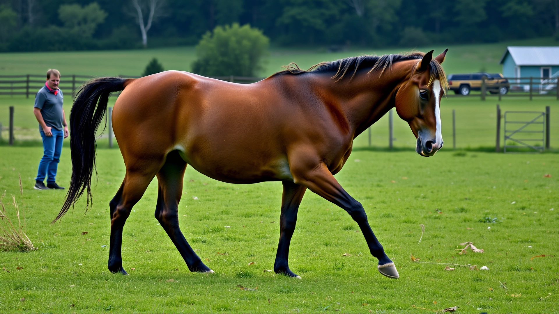 Horse stumbling slightly in a green pasture showing ataxia, with concerned owner watching in background, realistic depiction of neurological signs