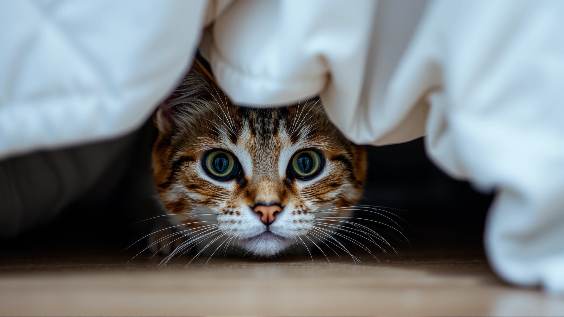Timid domestic cat peeking out from under a bed, soft indoor lighting, slightly wide-eyed expression