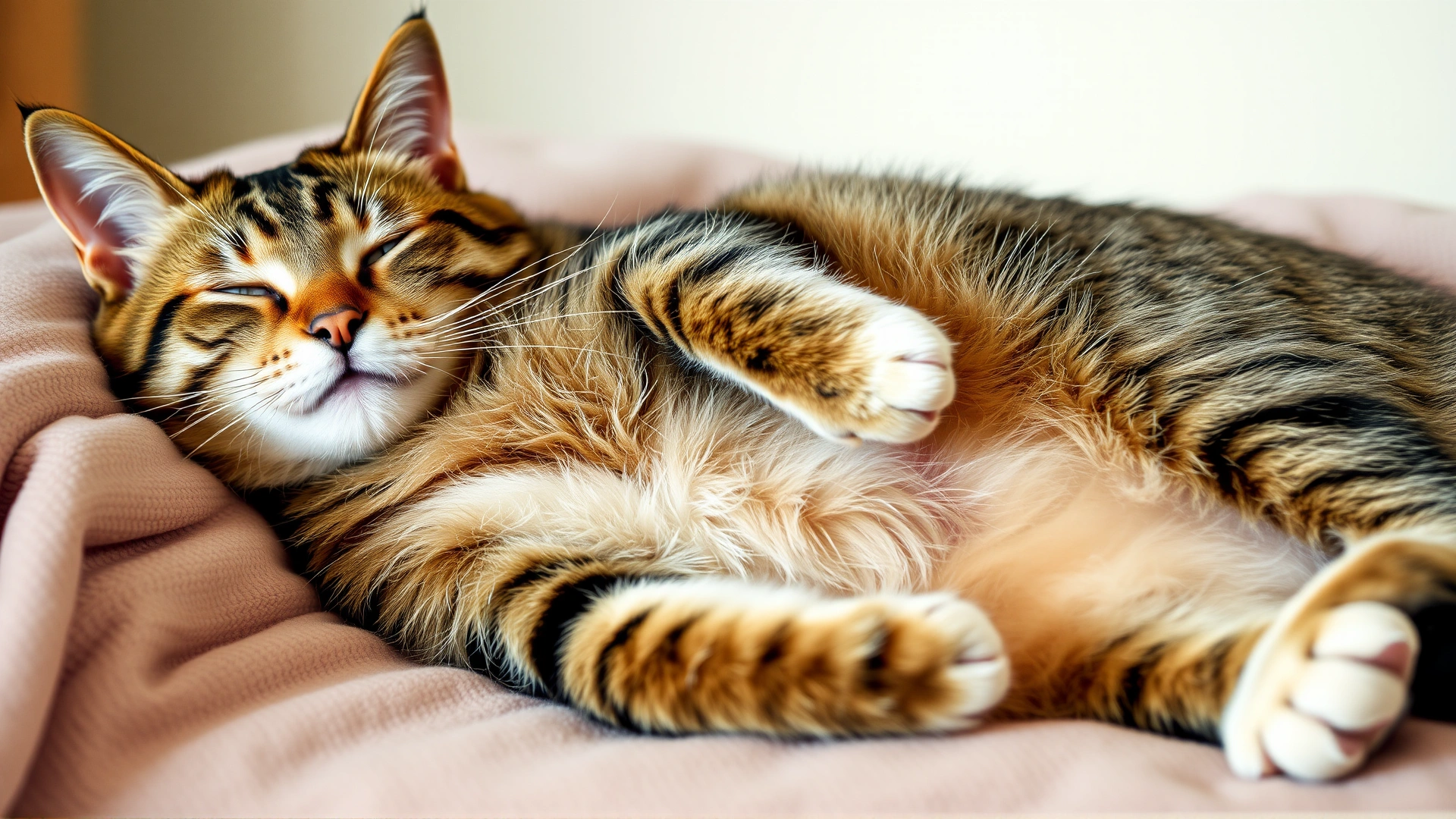 Relaxed male cat lounging comfortably with a small shaved patch on belly indicating recent neutering surgery, soft blanket underneath