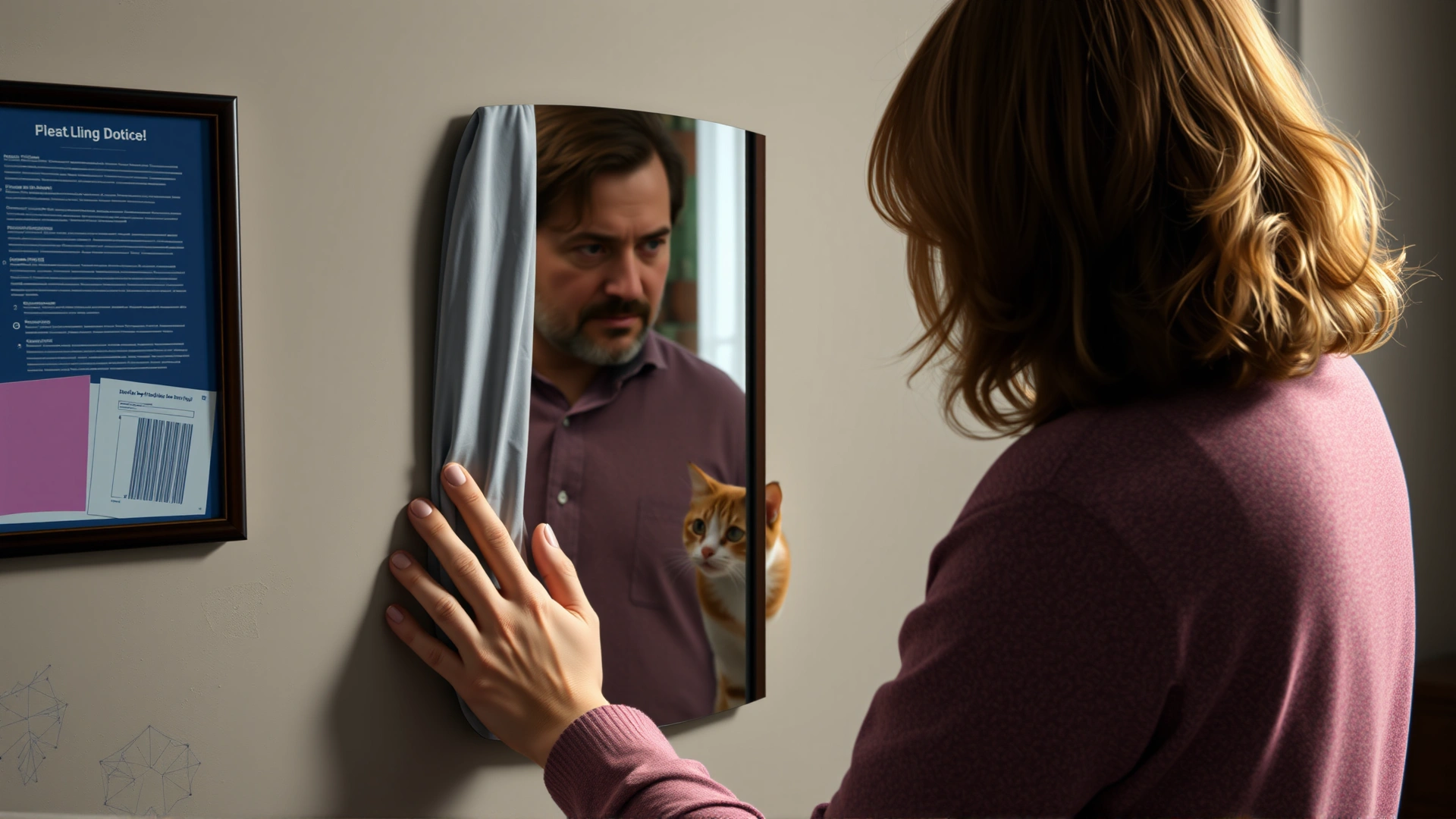Owner gently uncovering a previously covered mirror while a cat watches cautiously from a distance, educational setting