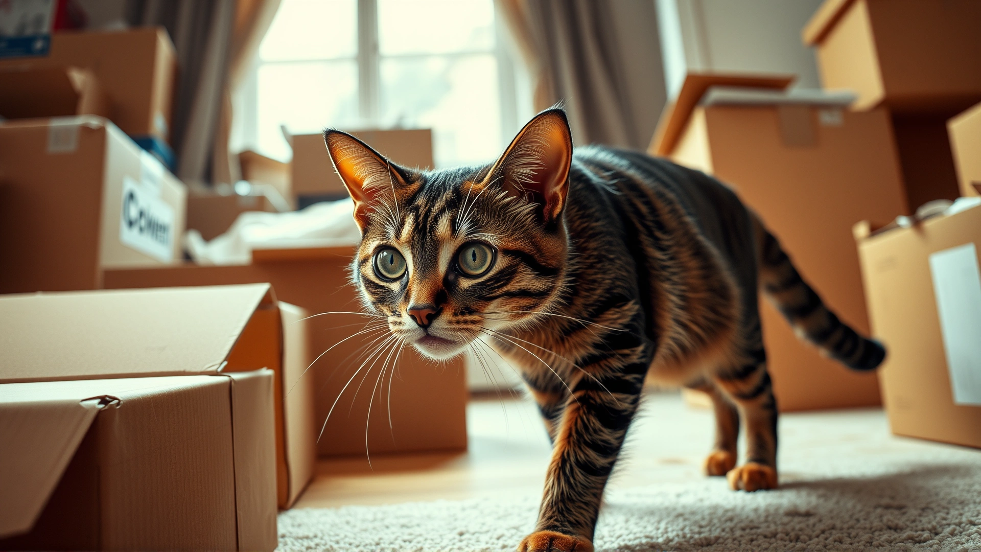 Cat exploring a new apartment full of moving boxes, looking alert and cautious