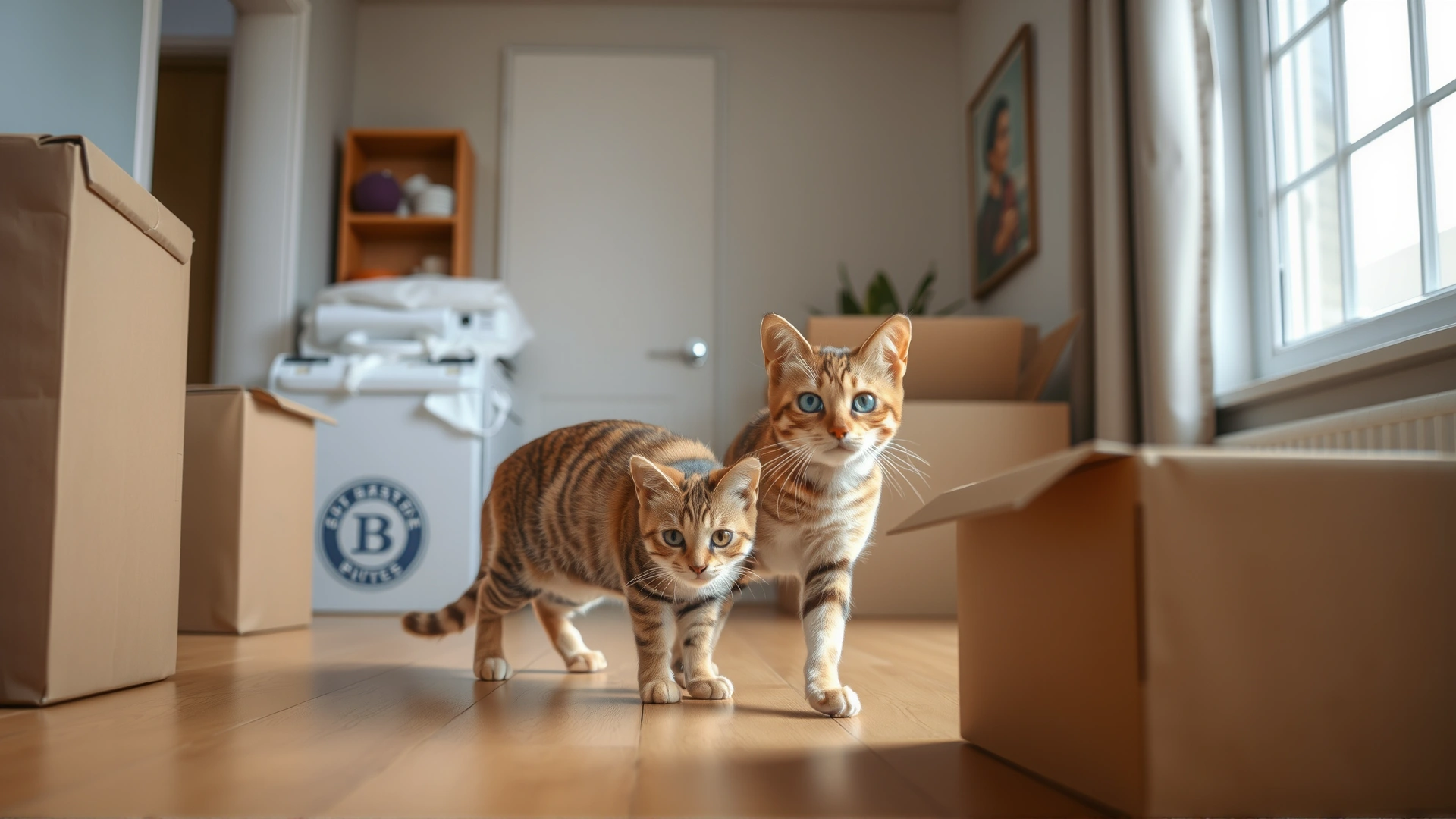 Domestic cat cautiously exploring a new apartment with unpacked moving boxes around, neutral tones, light coming from window, no text