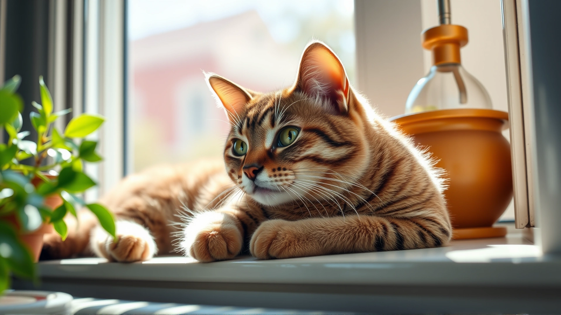 Domestic short-hair cat lounging comfortably on a sunny windowsill in a cozy home interior