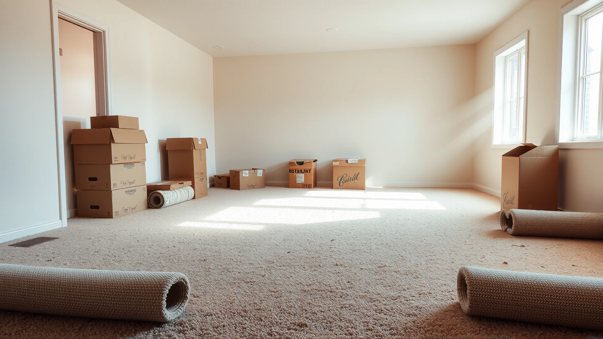 Empty living room with rolled-up carpet and moving boxes, dust motes in the sunlight, implying a potentially flea-infested environment.