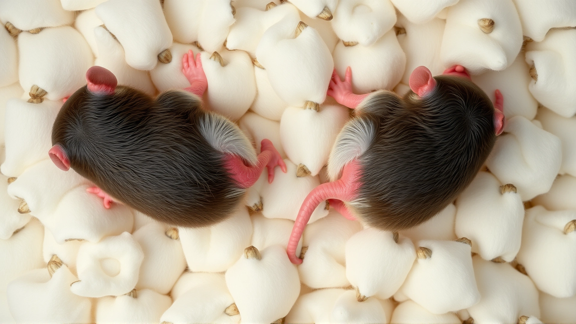 Top-down view of two newborn rats on soft cotton bedding, lying side by side to highlight the difference in anogenital distance.