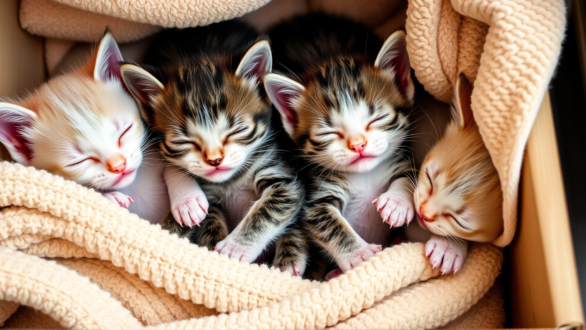 A litter of newborn kittens cuddled together with their eyes fully closed, resting in a cozy box lined with soft towels.