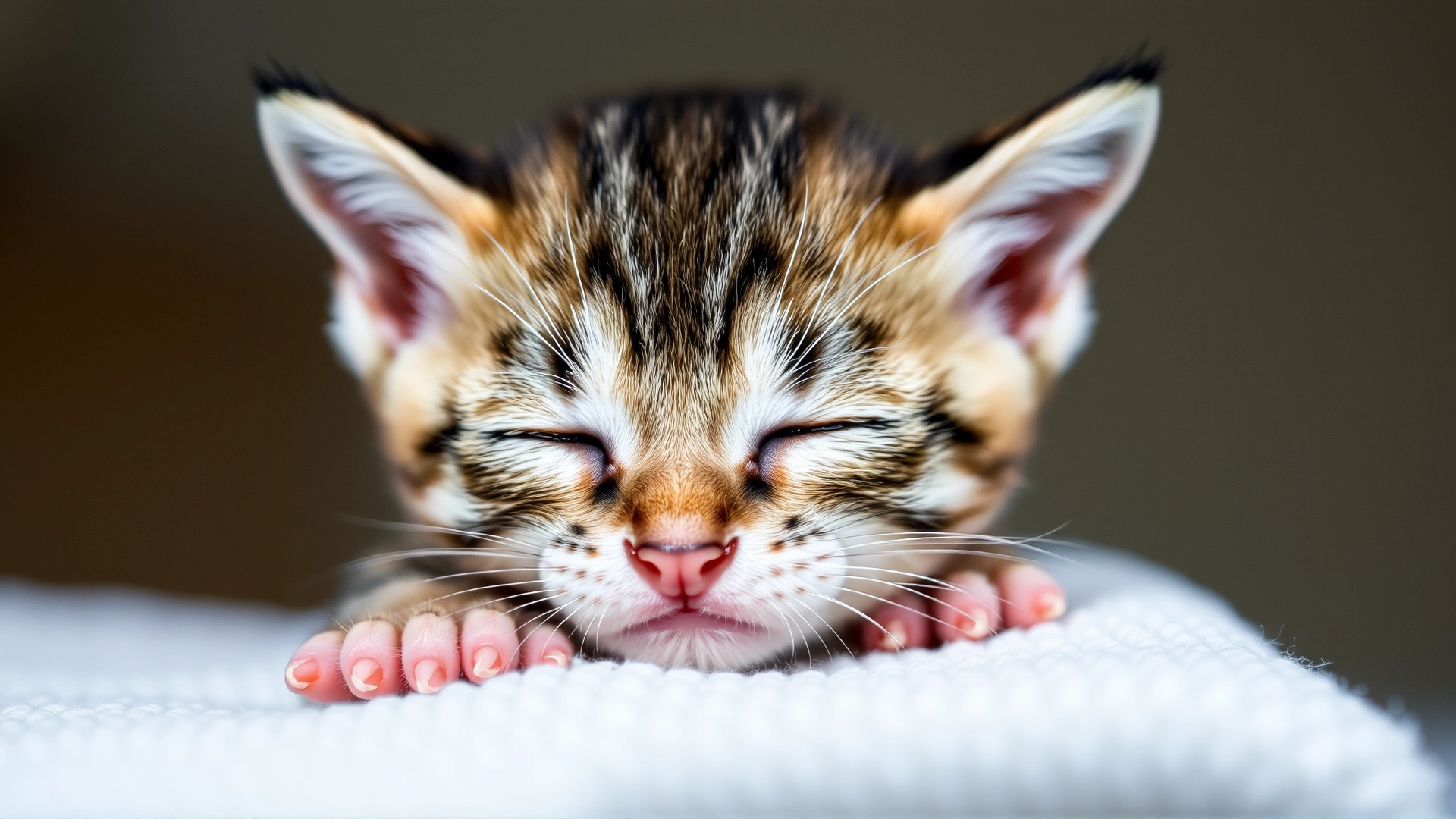 Macro photograph of a newborn tabby kitten on a white towel, eyes closed and ears folded, illustrating fragility